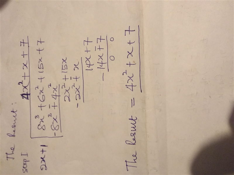 What is the result when 8x^3+6x^2+15x+7 divides by 2x + 1-example-1