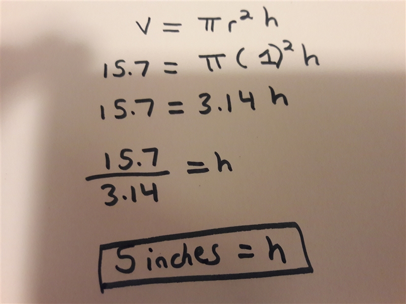 The volume if a cylindrical can is 15.7 in. The diameter is 2 in. Find the height-example-1