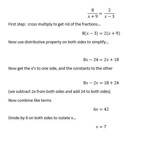 Ratios and Proportions 8/x+9 =2/x-3-example-1