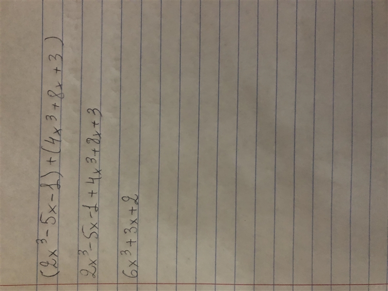 Choose the correct sum of the polynomials (2x3 - 5x - 1) + (4x + 8x + 3). O 2x3 – 3x-example-1