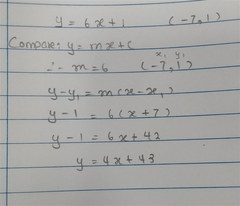 Write the equation of a line that is parallel to y=6x+1 and that passes through (-7, 1)​-example-1