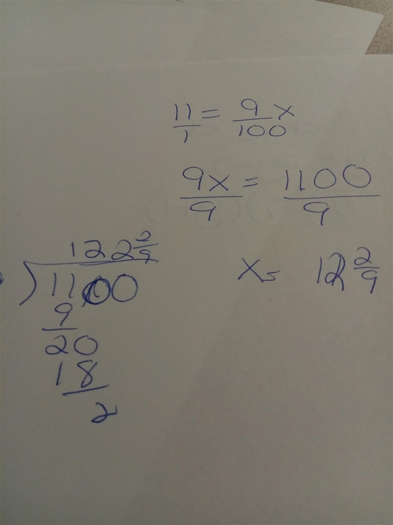 What proportion would you use to solve the problem 11 is 9% of what number​-example-1