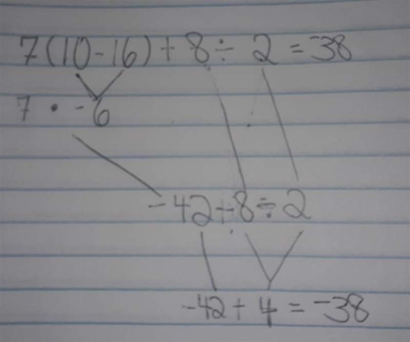 What is the value of 7(10 – 16) + 8 ÷ 2?-example-1