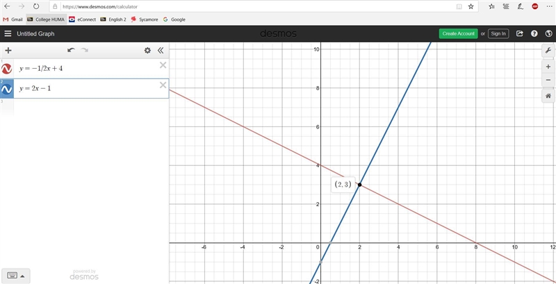 The system of equations y=-1/2x+4 and y = 2x – 1 is shown on the graph below. According-example-1