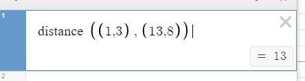 What is the distance between (1,3) and (13,8)?-example-1