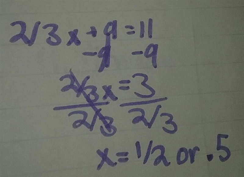 Two thirds a number x plus 9 is 11-example-1