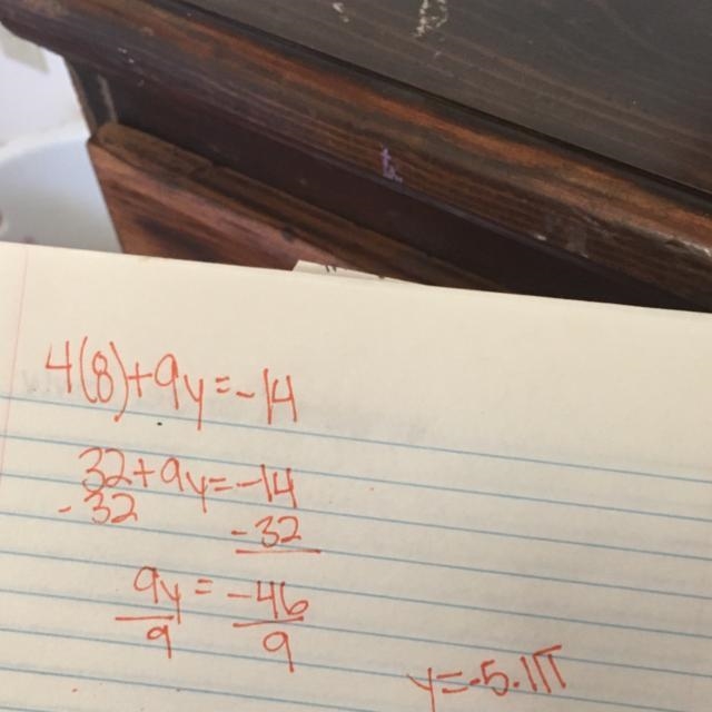 Complete the solution of the equation. Find the value of y when x equals 8. 4x+9y-example-1