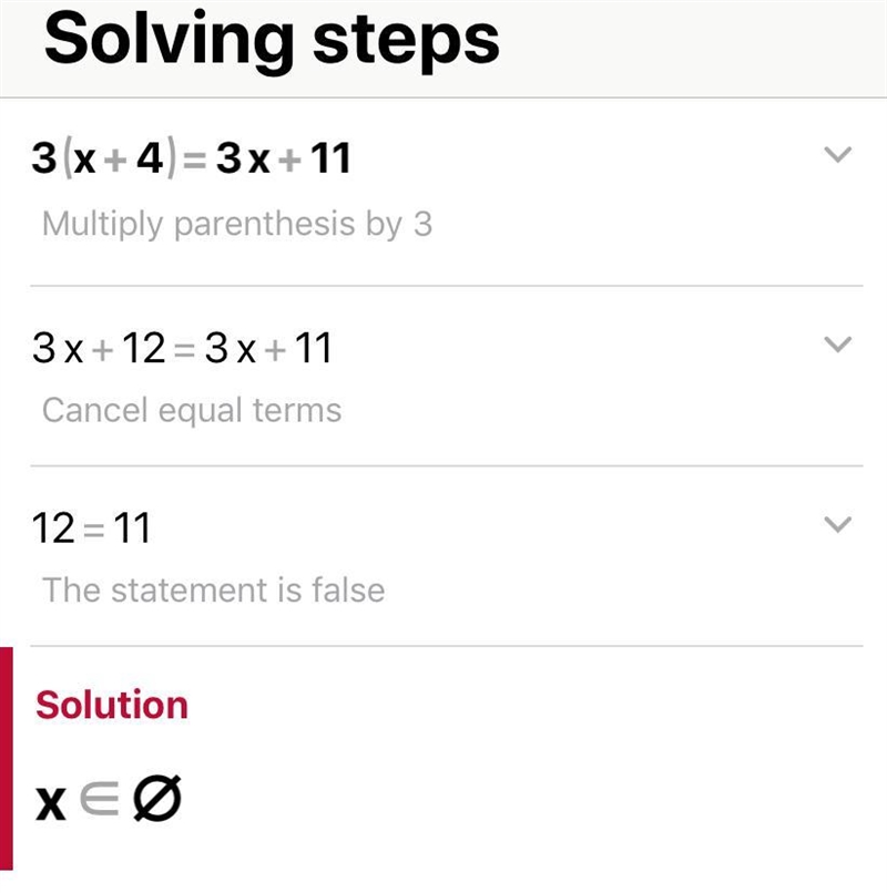 Is there an answer to this equation, if so what is it 3(x+4)=3x+11-example-1