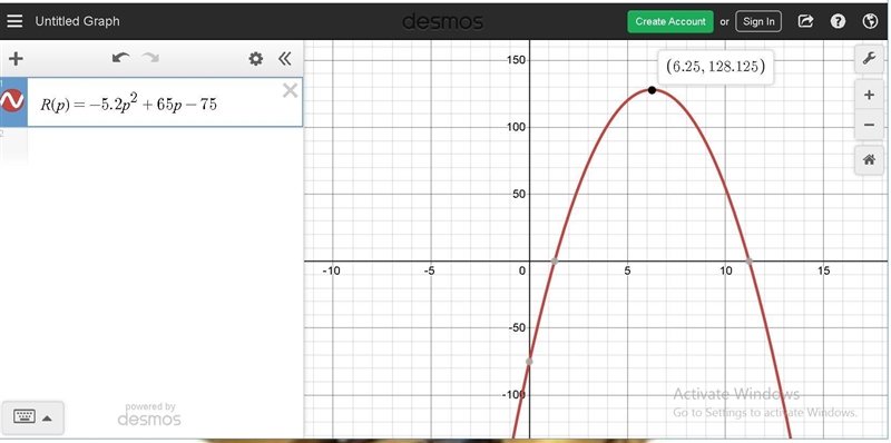 The quadratic function R(p)= -5.2p^2 + 65p - 75 gives the amount of revenue R(p) in-example-1