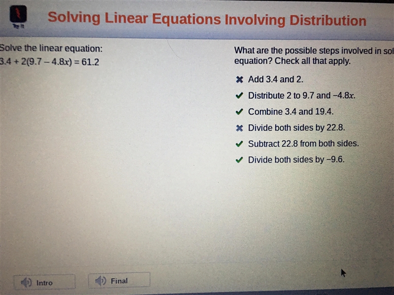 3.4 + 2(9.7 - 4.8x) = 61.2 linear equation?-example-1