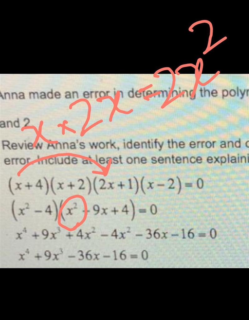 What mistake did Anna make? (Image attached) Ps. The roots are -4, -2, -1/2, and 2-example-1