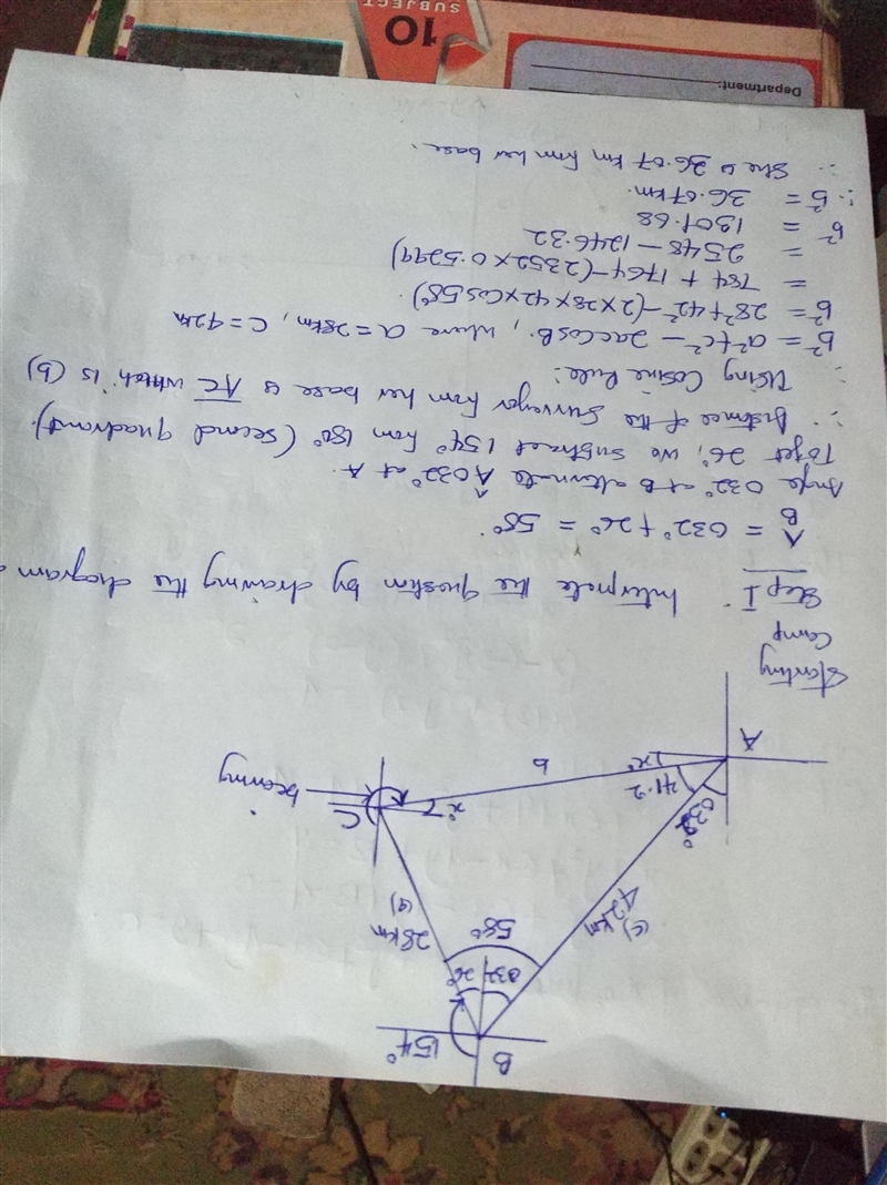 1.A surveyor leaves her base camp and drives 42km on a bearing of 032°.She then drives-example-1