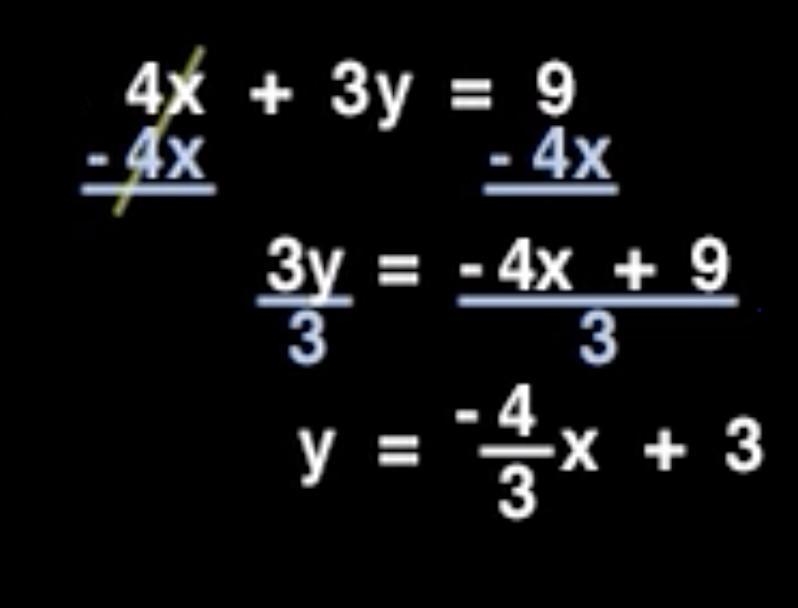 Write the following equation in slope intercept : 4x + 3y = 9-example-1