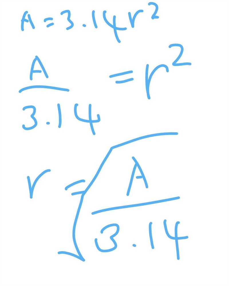 Solve A=3.14r2 solve for r-example-1