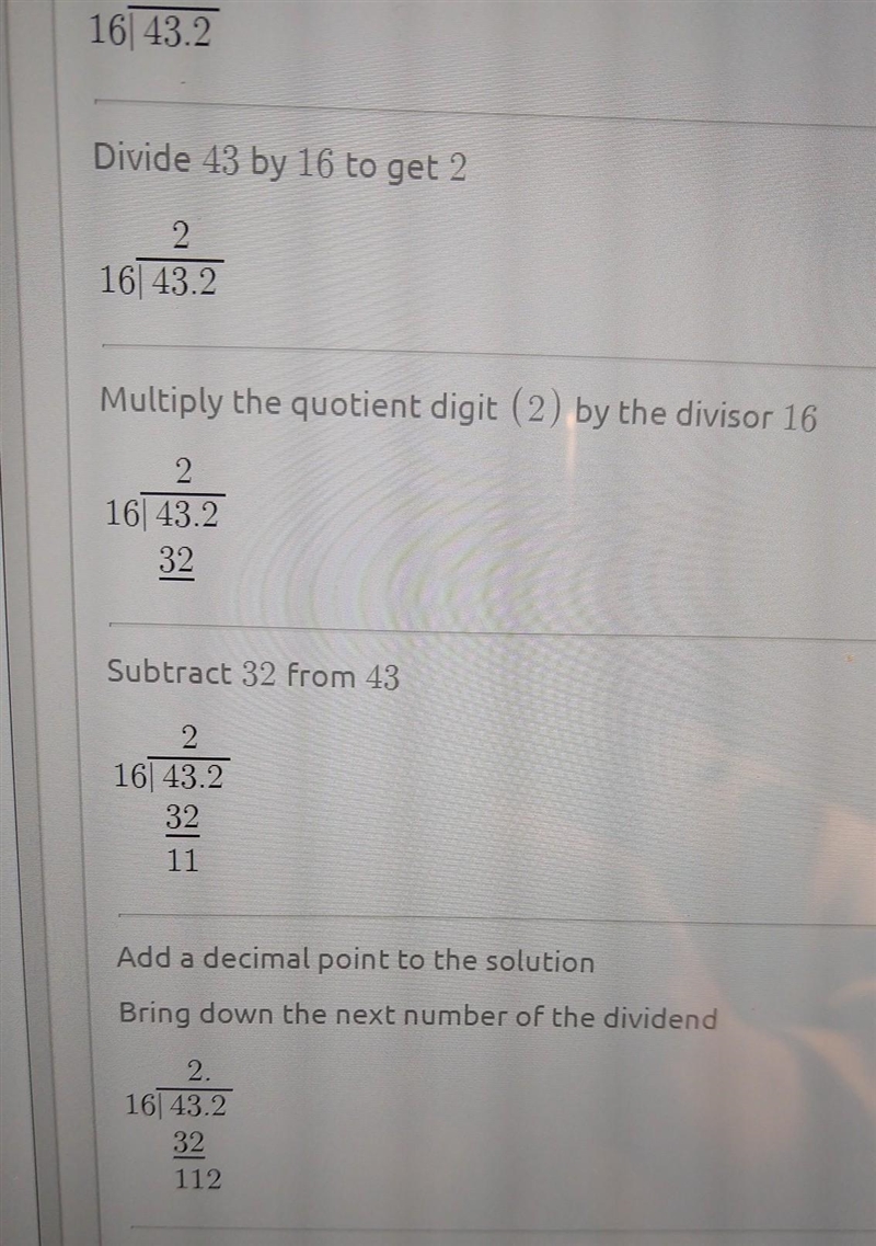 What is the partial quotients of 43.2÷16=​-example-1