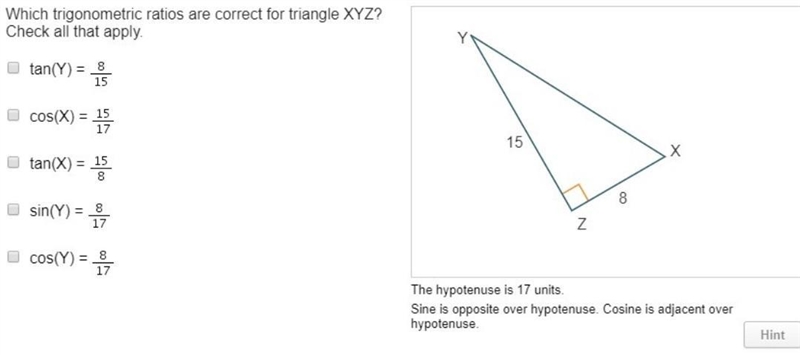 Which trigonometric ratios are correct for triangle XYZ? Check all that apply. tan-example-1