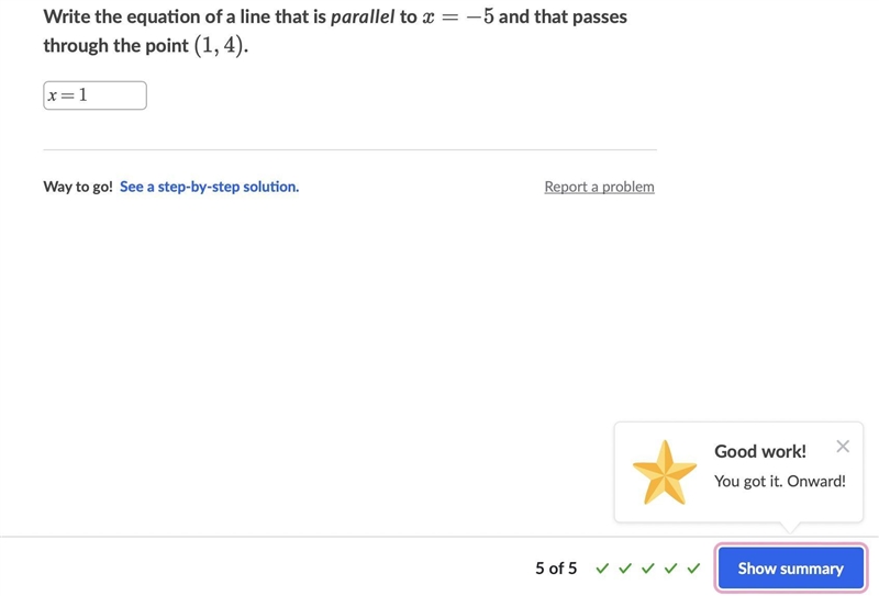 Write the equation of a line that is parallel to x = − 5 x=−5x, equals, minus, 5 and-example-1