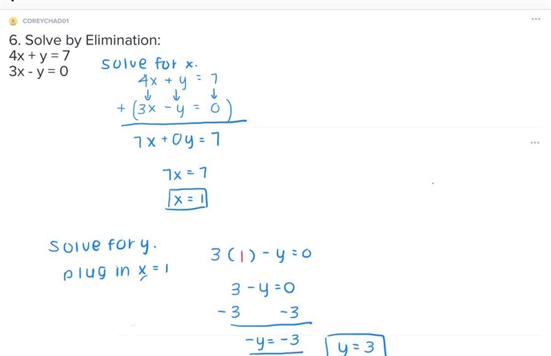 6. Solve by Elimination: 4x + y = 7 3x - y = 0-example-1