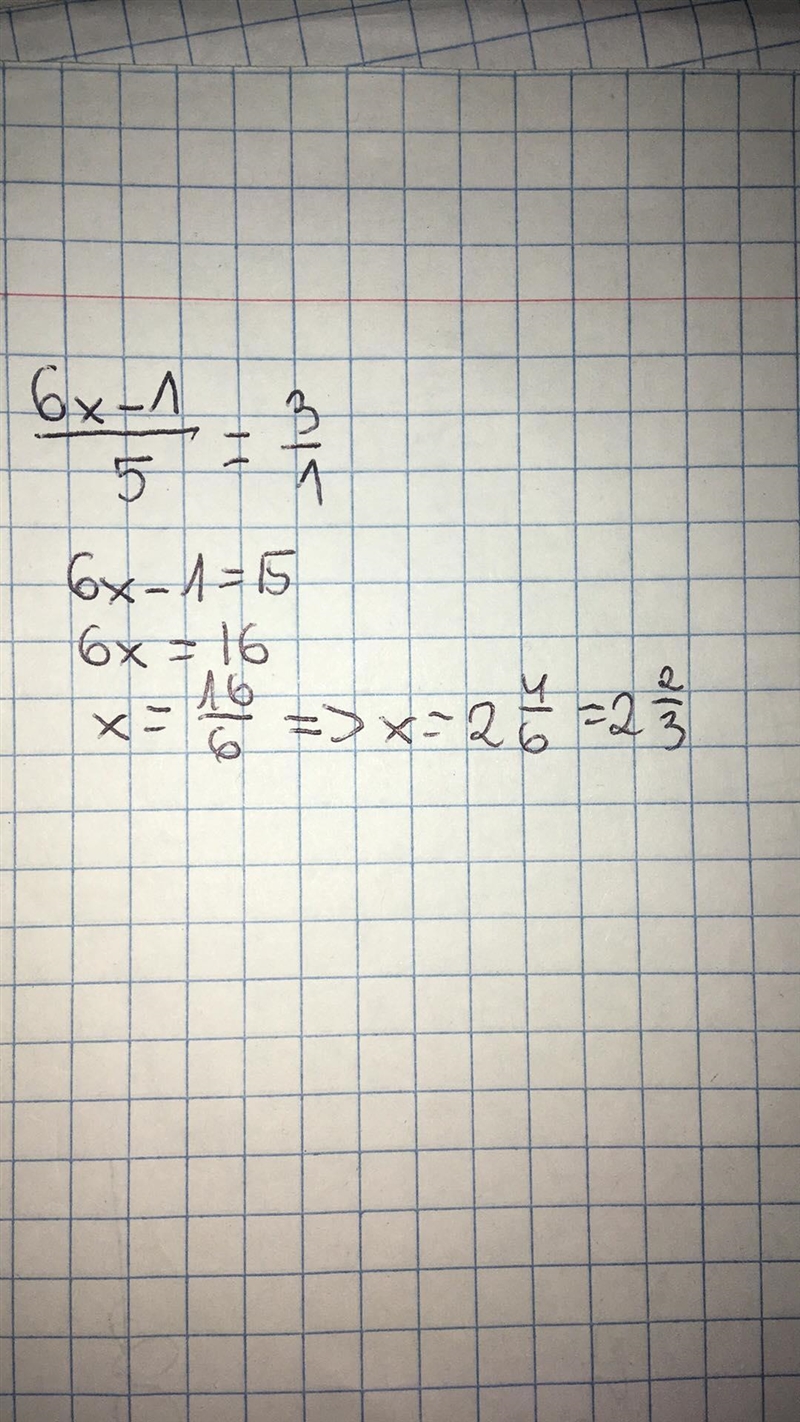 Solve for x. Express the answer in simplest form. 6x - 1 3 -------- = ---------- 5 1-example-1