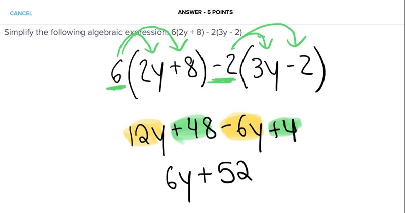 Simplify the following algebraic expression: 6(2y + 8) - 2(3y - 2)-example-1