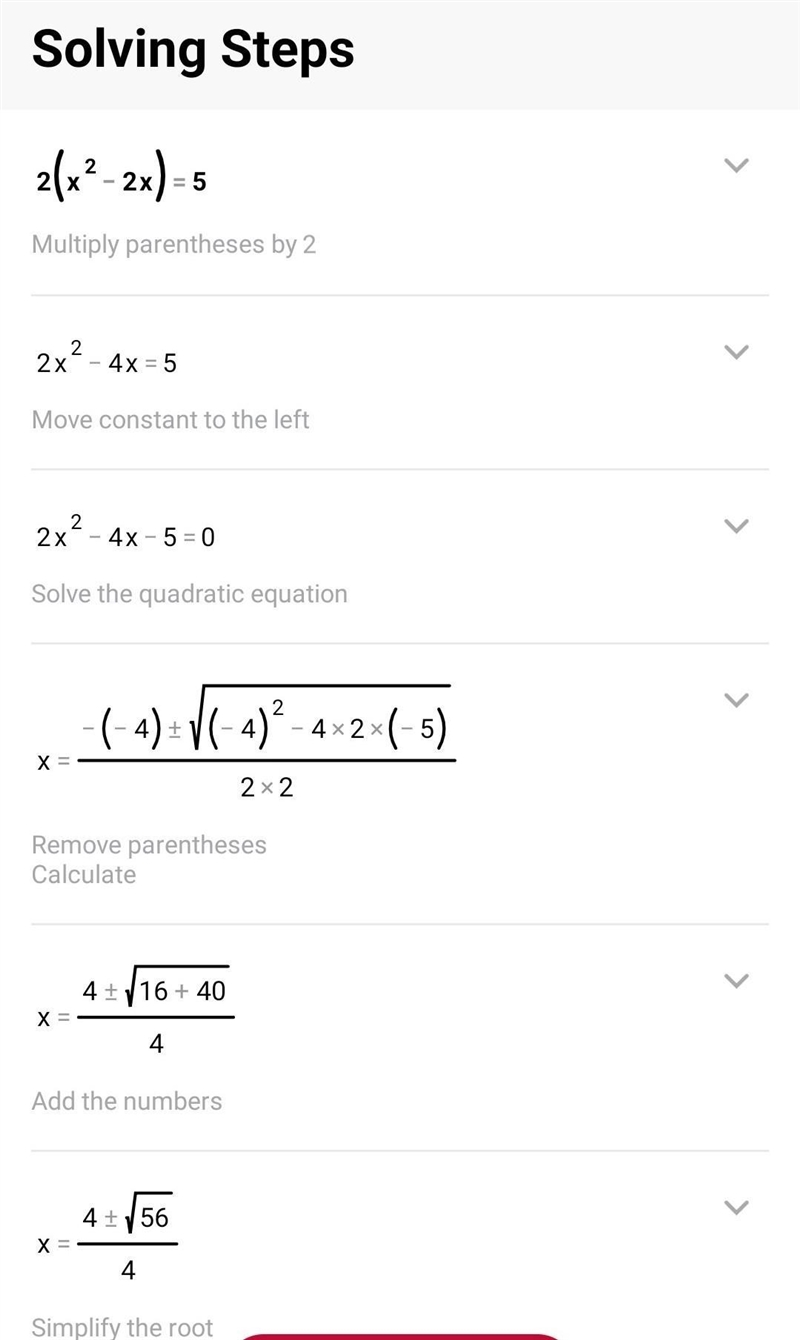 2( {x}^(2) - 2x) = 5 solve using square roots or by factoring​-example-1