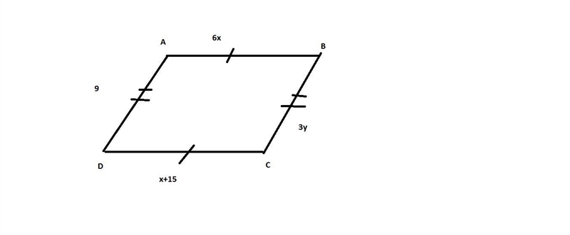 AB = 6x DC = x + 15 AD = 9 BC = 3y Quadrilateral ABCD is a parallelogram if both pairs-example-1