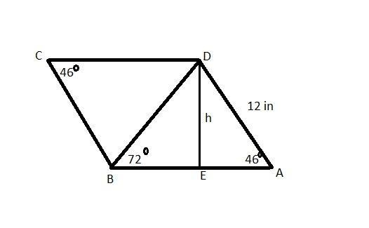 In parallelogram ABCD, AD = 12 in, m∠C = 46º, m∠DBA = 72º. Find the area of ABCD.-example-1