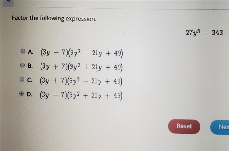 Factor the following expression. 27y3 – 343 a. (3y + 7)(9y2 + 2ly + 49) b. (3y – 7)(9y-example-1