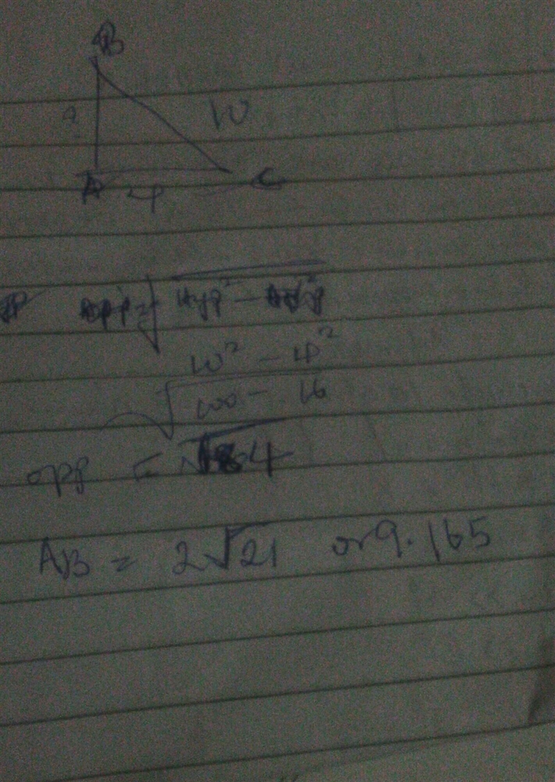 PLEASE///Abc is a right triangle.If AC=4 and BC=10,find AB.Leave your answer in simplest-example-1