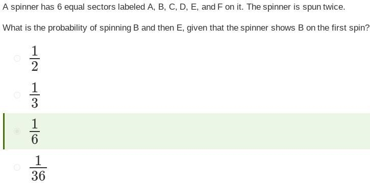 A spinner has 6 equal sectors labeled A, B, C, D, E and F on it. The spinner is spun-example-1