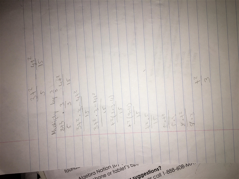 Express the difference in the simplest form; 3t^2/5-4t^2/15-example-1