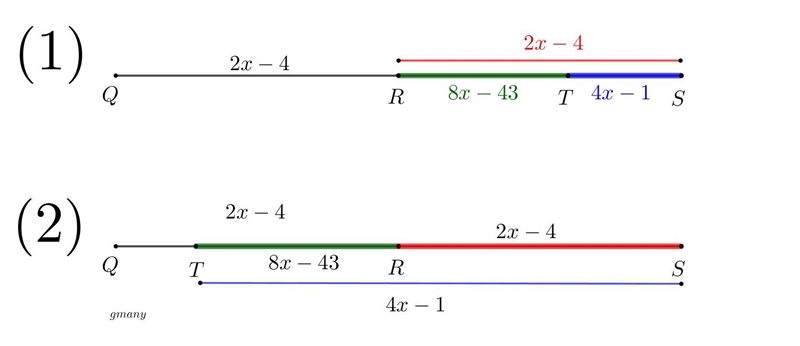 If r is the midpoint of qs, rs=2x-4, st=4x-1, and rt=8x-43, find qs-example-1