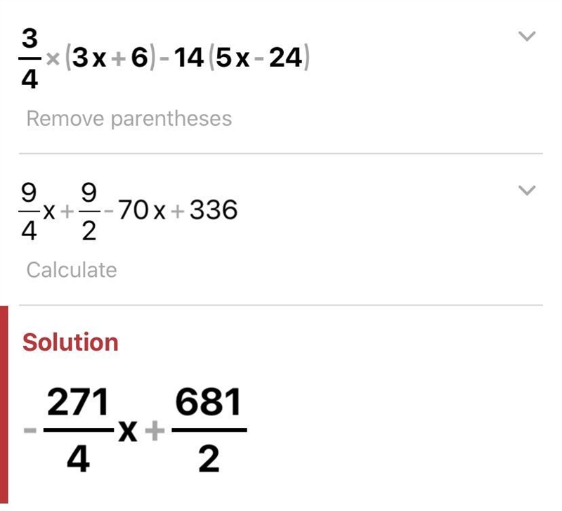 Find the difference 3/4(3x+6)−14(5x−24)-example-1