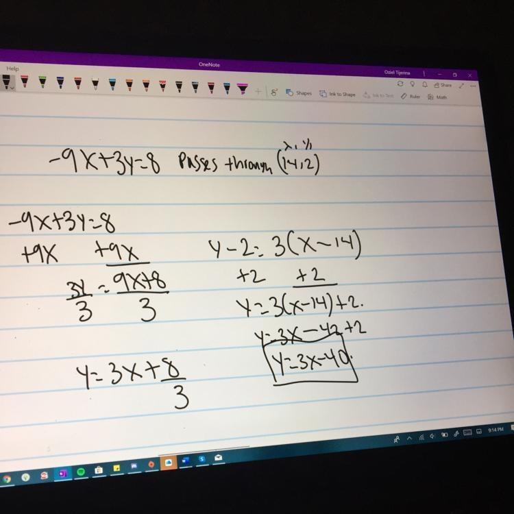 What is the equation that is parallel to the equation -9x + 3y = 8 and crosses through-example-1