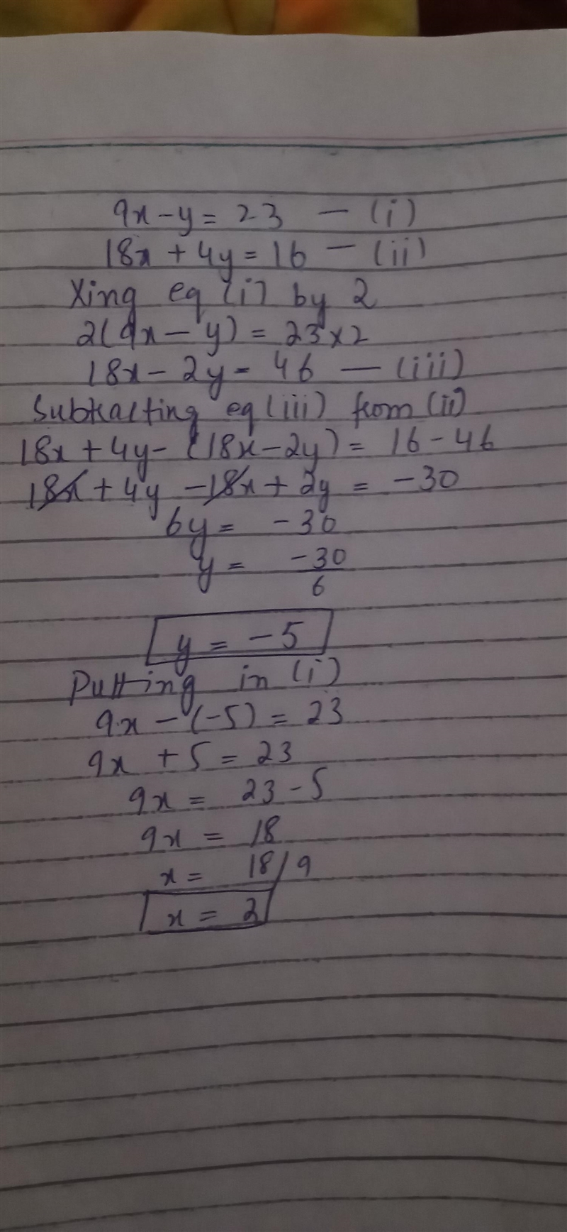 9x - y = 23 18x + 4y = 16​-example-1