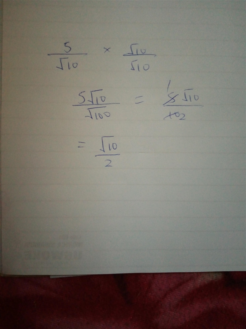 Simplify. 5/√10 A. √5 B. √10/2 C. √2/2 D. √2-example-1