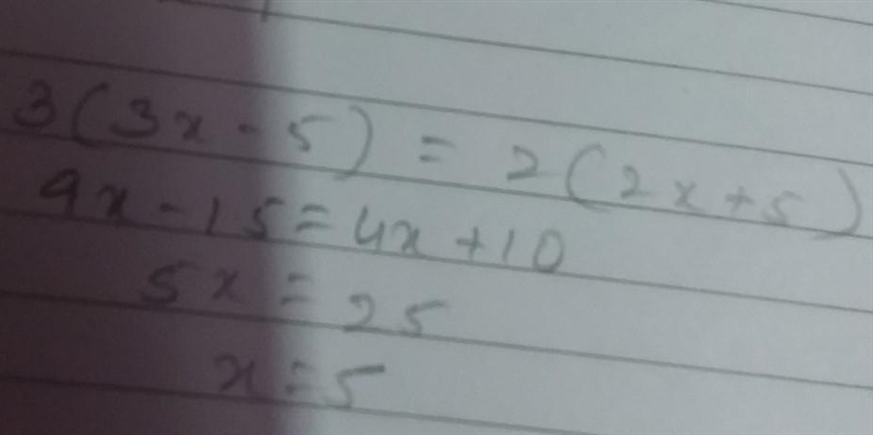 Solve for x 3(3x-5)=2(2x+5)-example-1