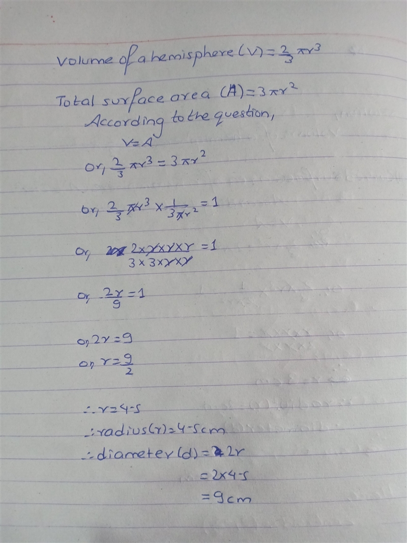 Volume and surface area of solid hemisphere are numerically equal what is the diameter-example-2