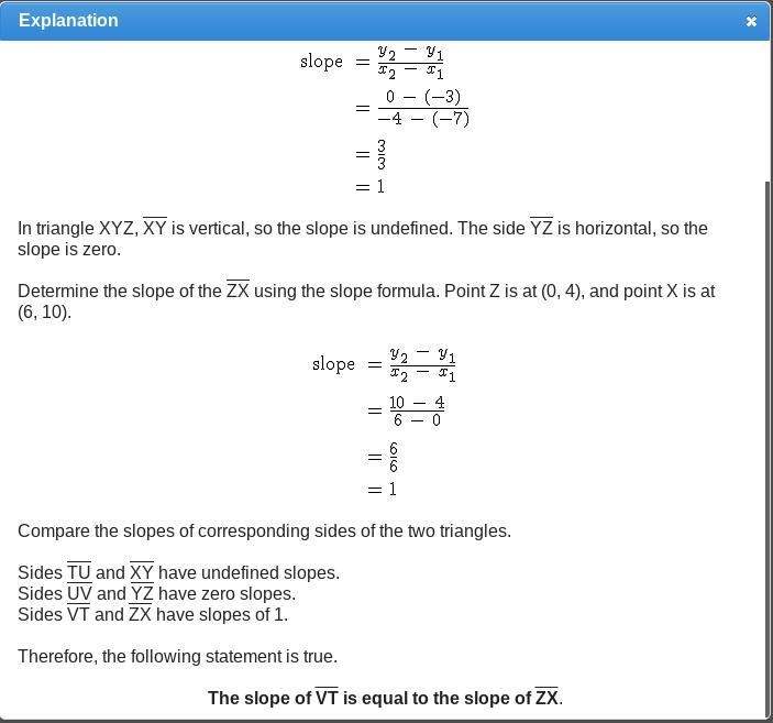 Triangle TUV is similar to triangle XYZ. Which of the following statements is true-example-1