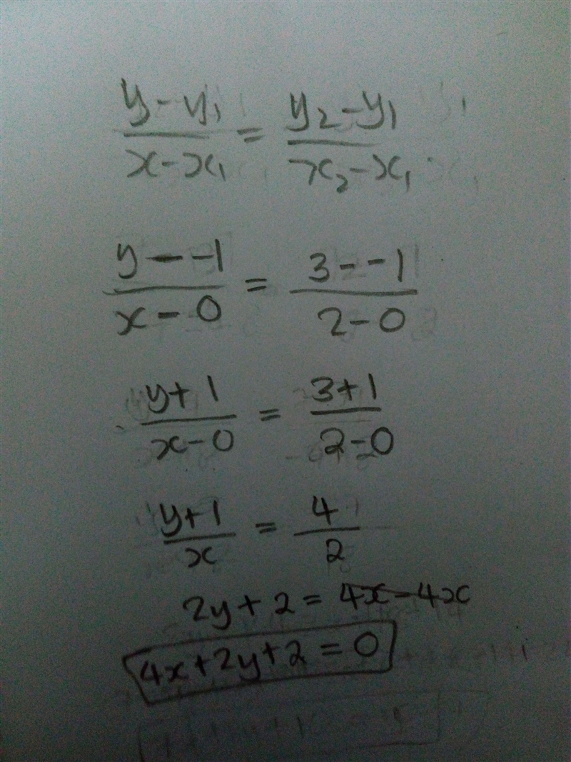 Write an equation of the line that passes through the points 0, -1 and 2,3-example-1