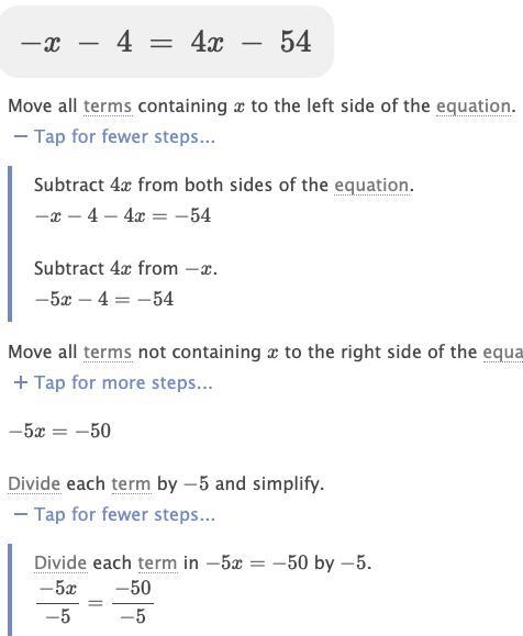 Solve for x: -X – 4 = 4x - 54 Answer: Submit Answer-example-2