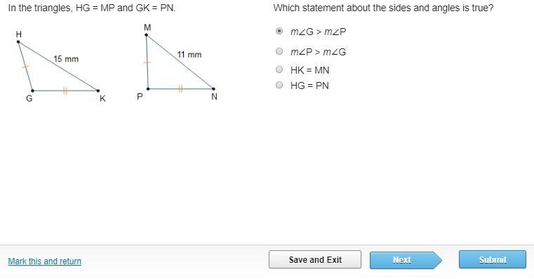 In the triangles HG = MP and GK = PN. Which statement about the sides and angles is-example-1