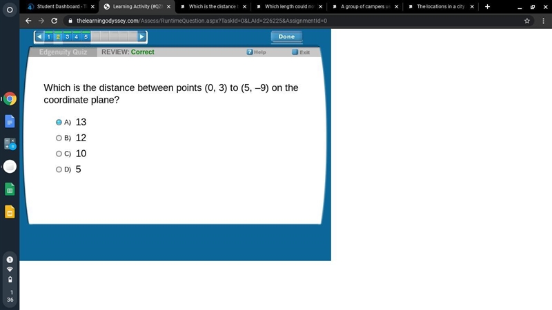 Which is the distance between points (0, 3) to (5, –9) on the coordinate plane? A-example-1