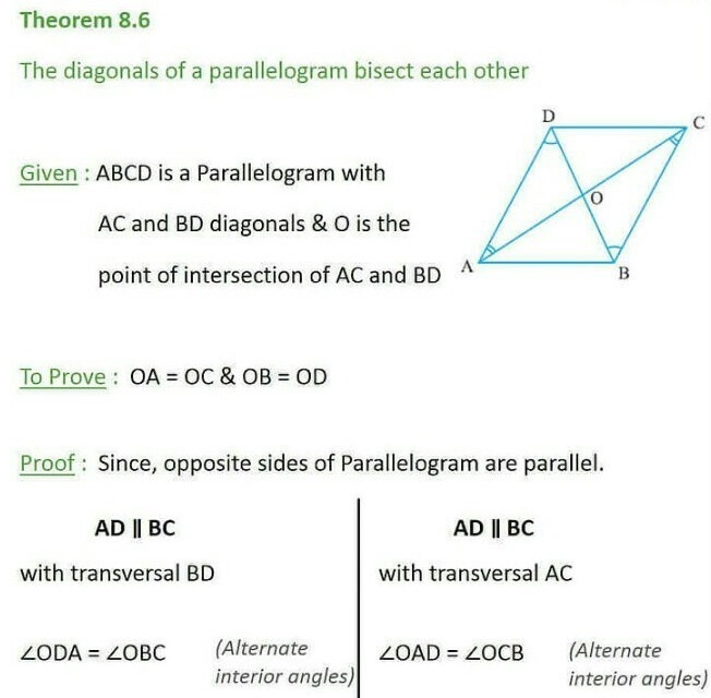 Prove the diagonals of a parallelogram bisect one another.-example-1