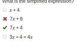 Consider this algebraic expression:    5 + 3x – 1 + 4x What is the simplified expression-example-1