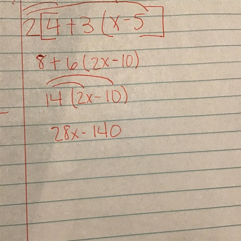 How do you simplify this question step by Stephen 2[4+3(x-5)]-example-1