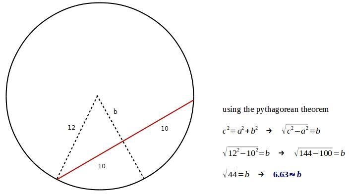 In a circle with a 12-inch radius, find the length of a segment joining the mid-point-example-1