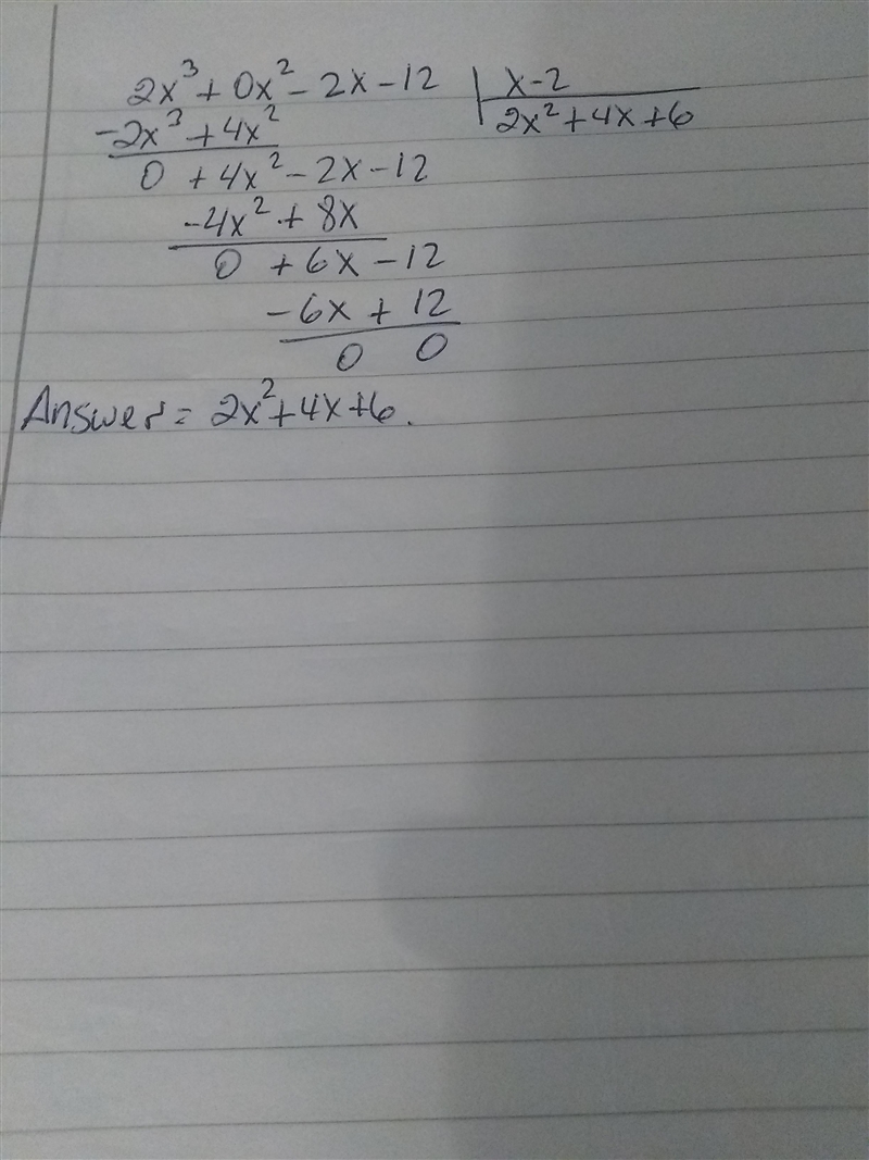 Using division, what is the quotient (2x3 − 2x − 12) ÷ (x − 2)?-example-1