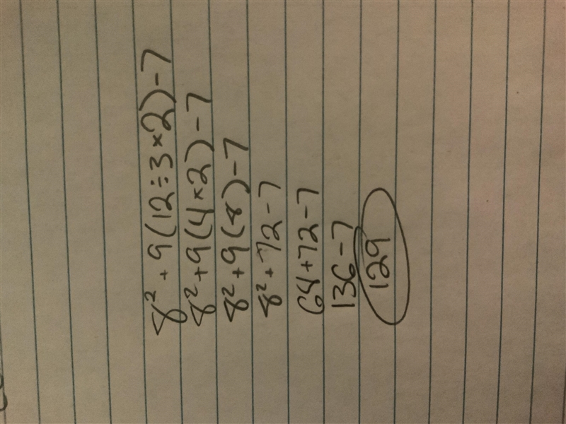 Can anyone simplify this equation? 8^2+9(12÷3×2)- 7-example-1