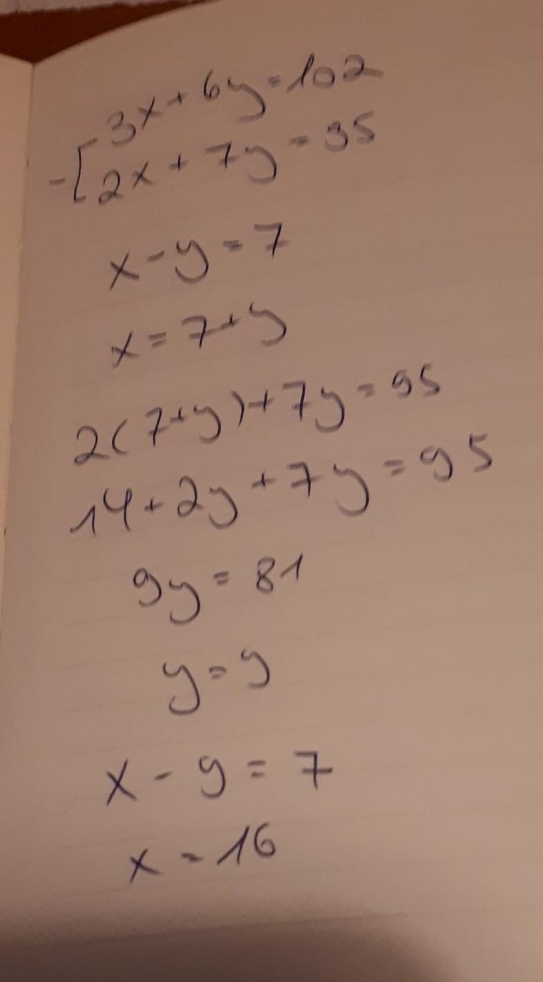 3x+6y=102 2x+7y=95 pls solve using substitution-example-1